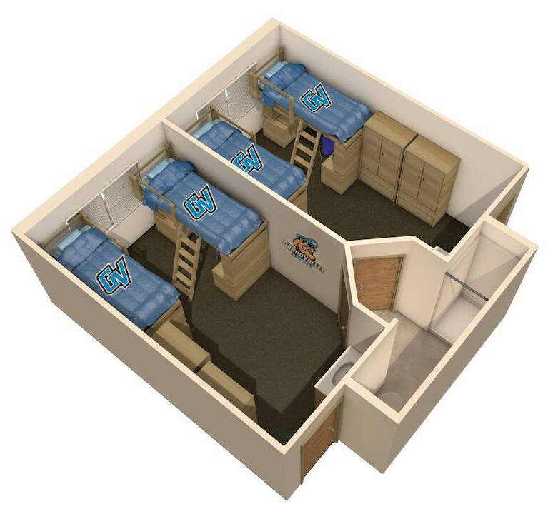Suite style floor plan with two bedrooms, each with two beds, and a connecting bathroom.